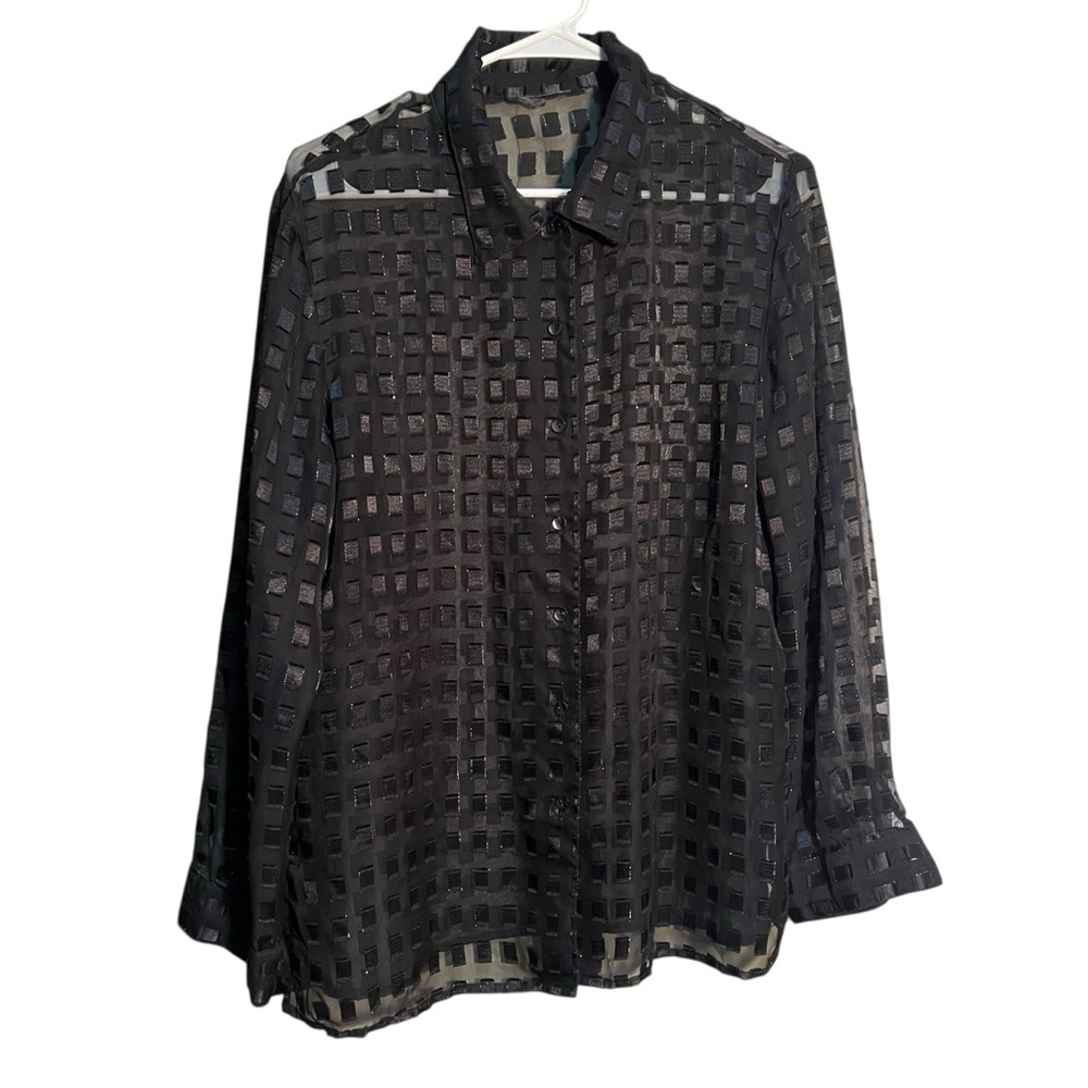 Women's Mesh Button Down Blouse Black Metallic Squares Long Sleeve Sheer